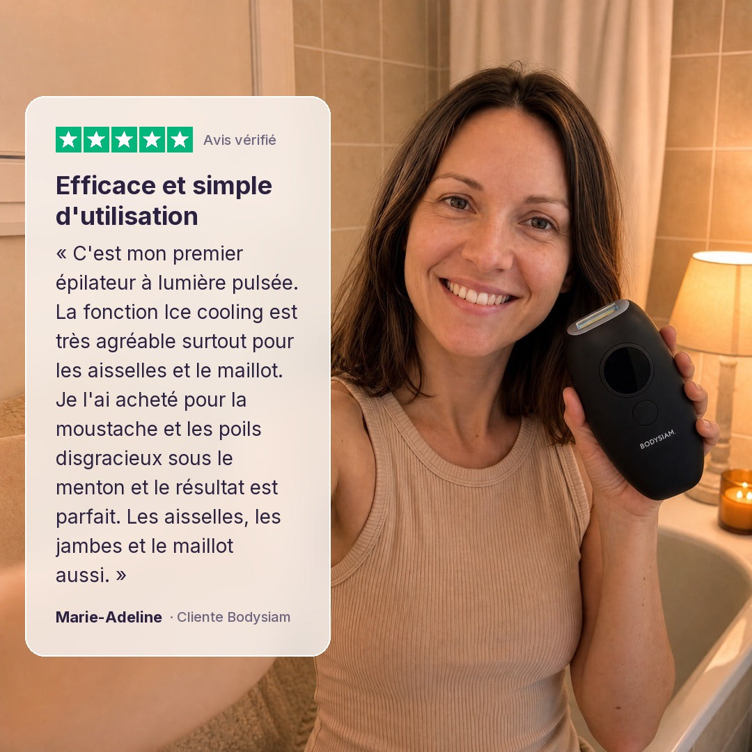 Avis vérifié d'une cliente Bodysiam : épilateur à lumière pulsée Elite efficace et simple d'utilisation, aisselles, maillot, visage