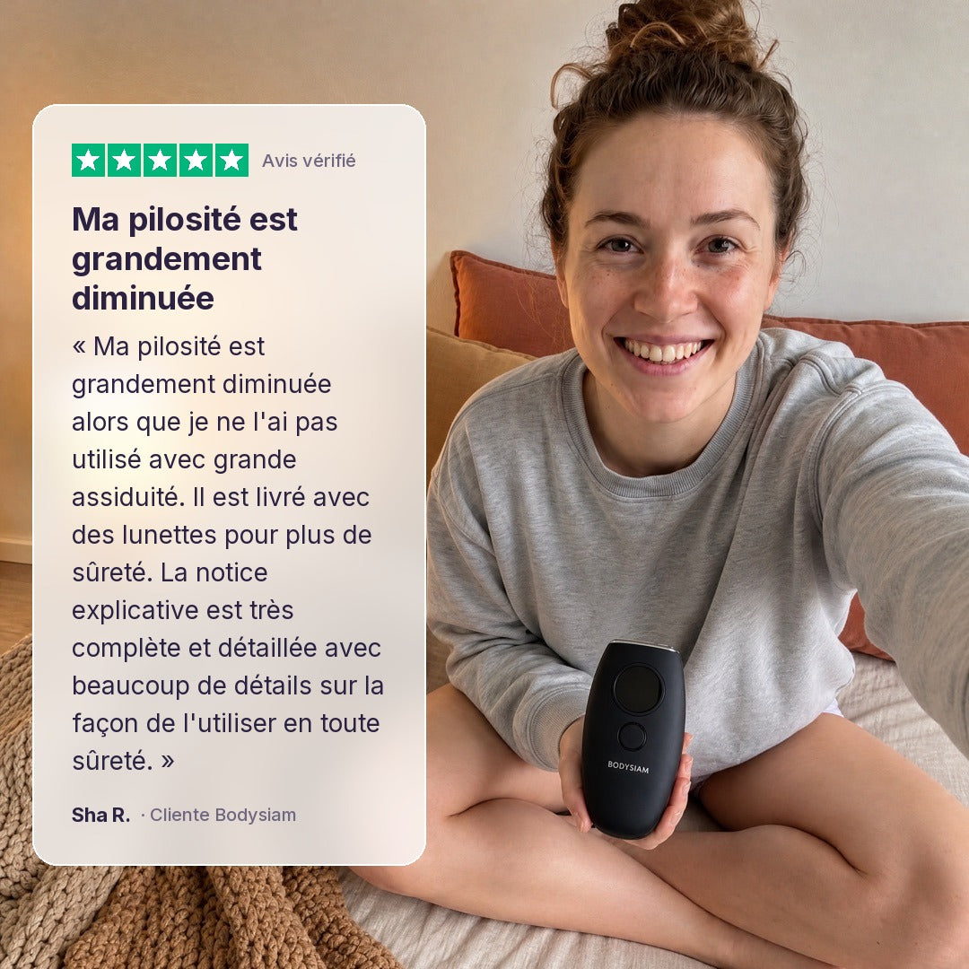 Avis vérifié d'une cliente Bodysiam : sa pilosité est grandement diminuée avec l'épilateur à lumière pulsée Elite