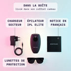 Contenu de la boîte de l'épilateur à lumière pulsée Bodysiam Elite : chargeur, épilateur, notice en français, lunettes