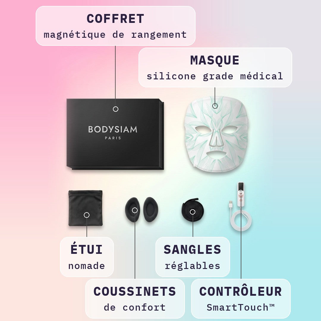 Masque LED visage Bodysiam : coffret magnétique, masque en silicone, étui nomade, coussinets de confort, sangles réglables et contrôleur SmartTouch