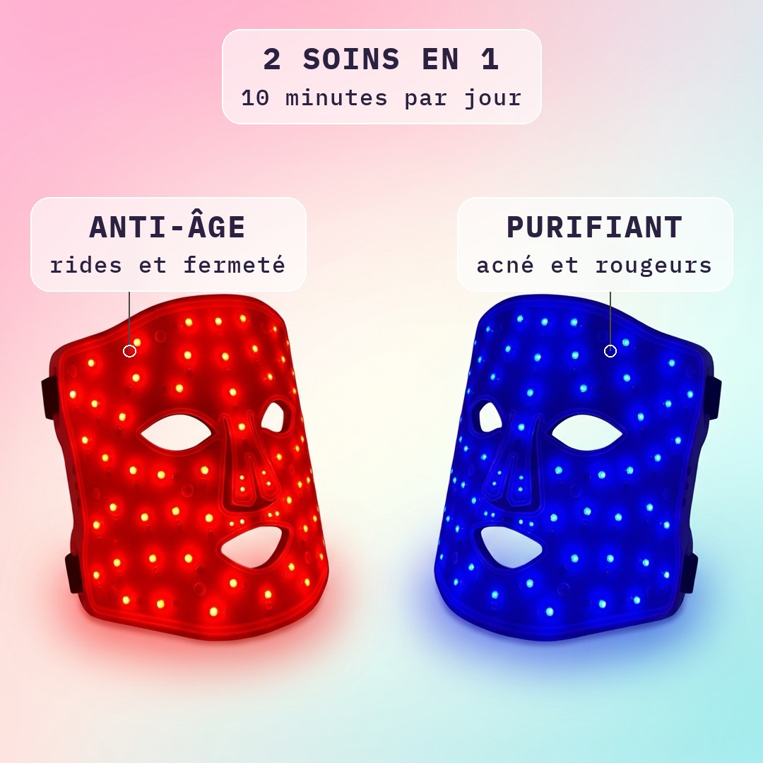 Masque LED visage Bodysiam : soin anti-âge en lumière rouge et soin purifiant en lumière bleue
